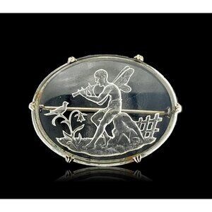Vintage Art Deco Signed Czech REVERSE CARVED FAIRY GLASS Brooch